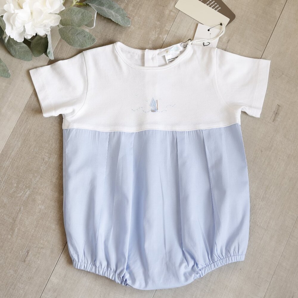 Baby's 100% Cotton Blue & White Romper Creeper Sailboat Embroidery  Boutique NWT